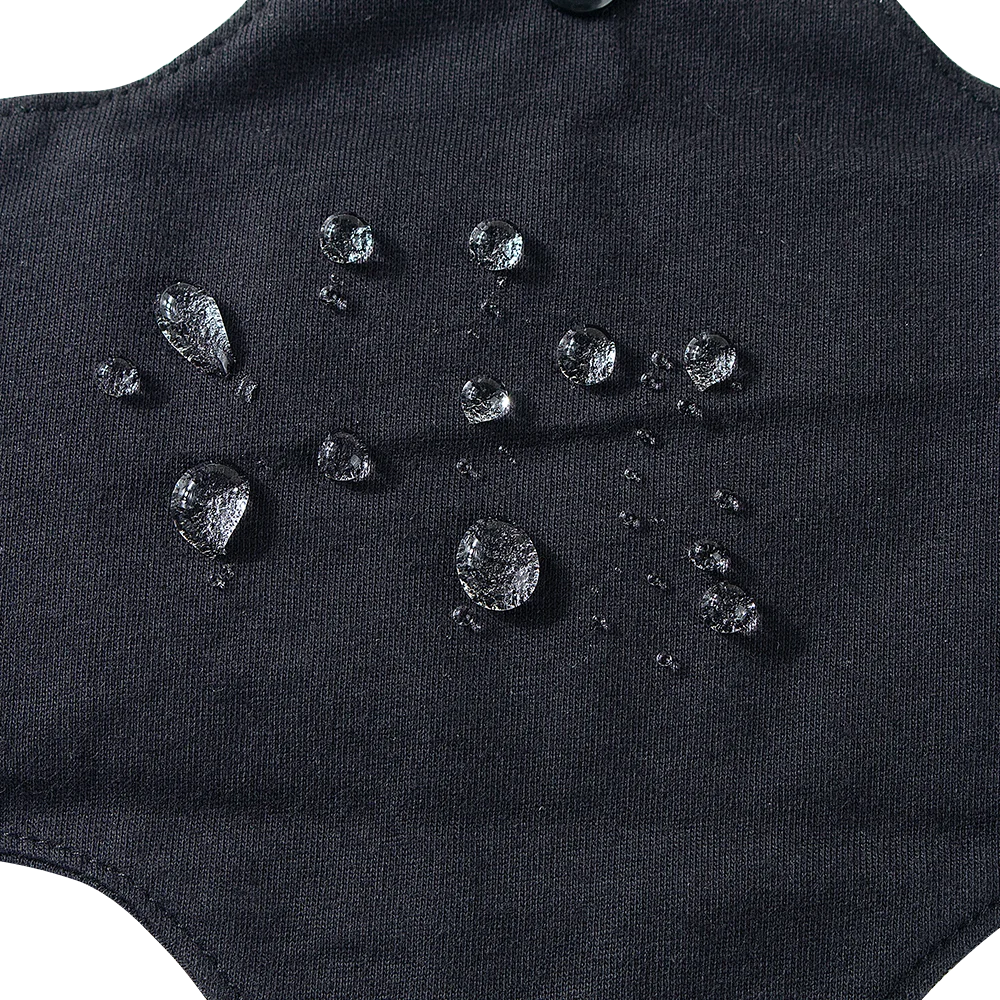 Black fabric with water droplets demonstrating water resistance.