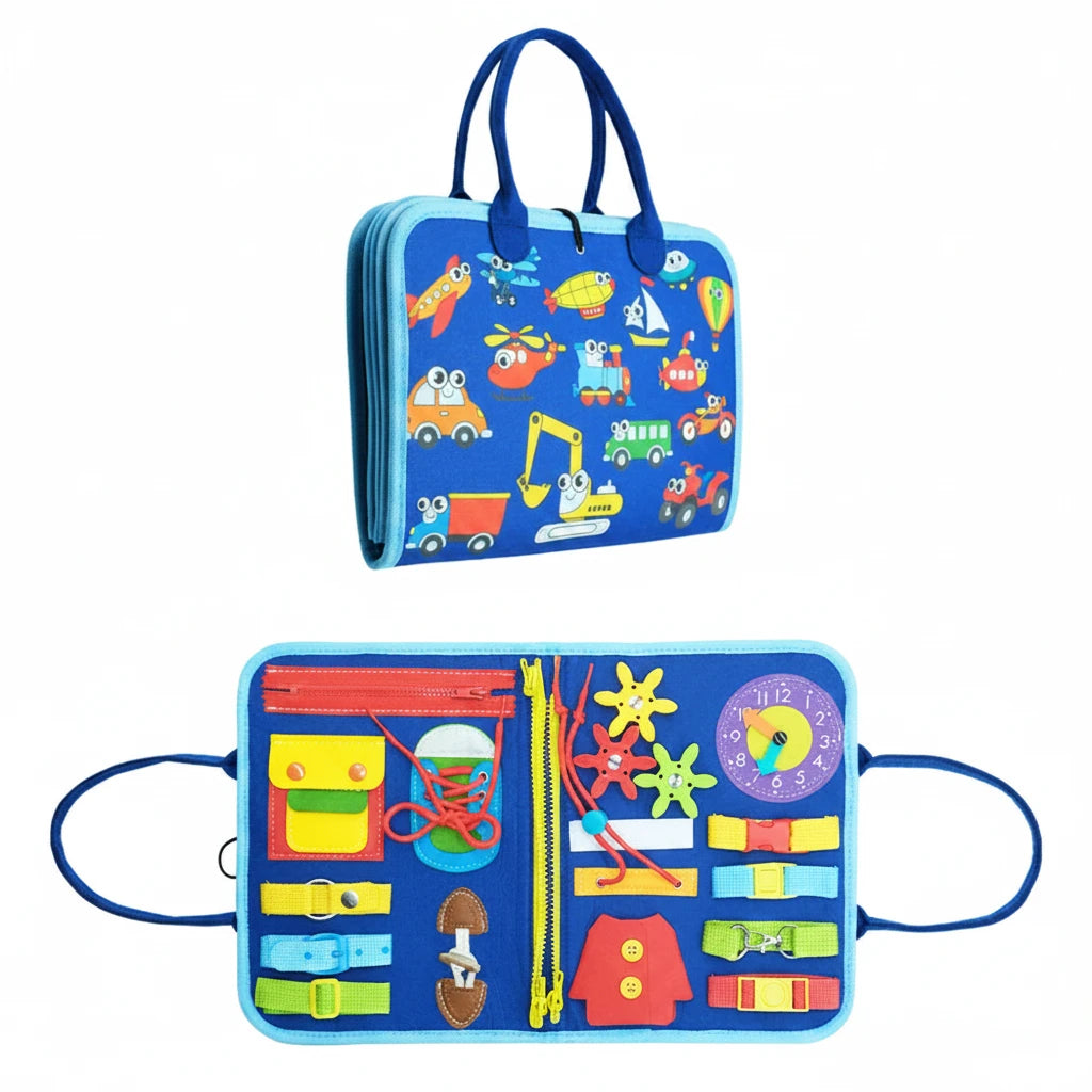 Colorful educational toy bag with vehicle pattern and measurement details on a white background