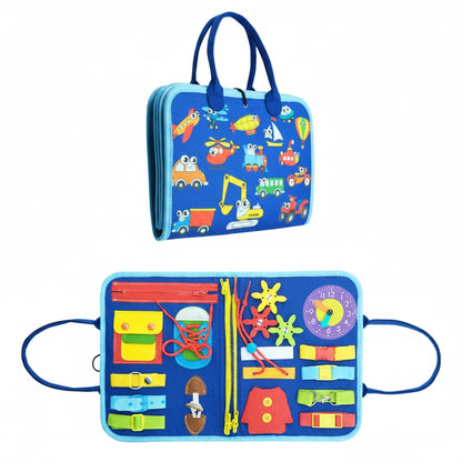 Colorful educational toy bag with vehicle pattern and measurement details on a white background