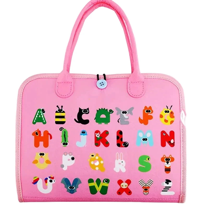 Pink bag with alphabet and animal designs on a white background