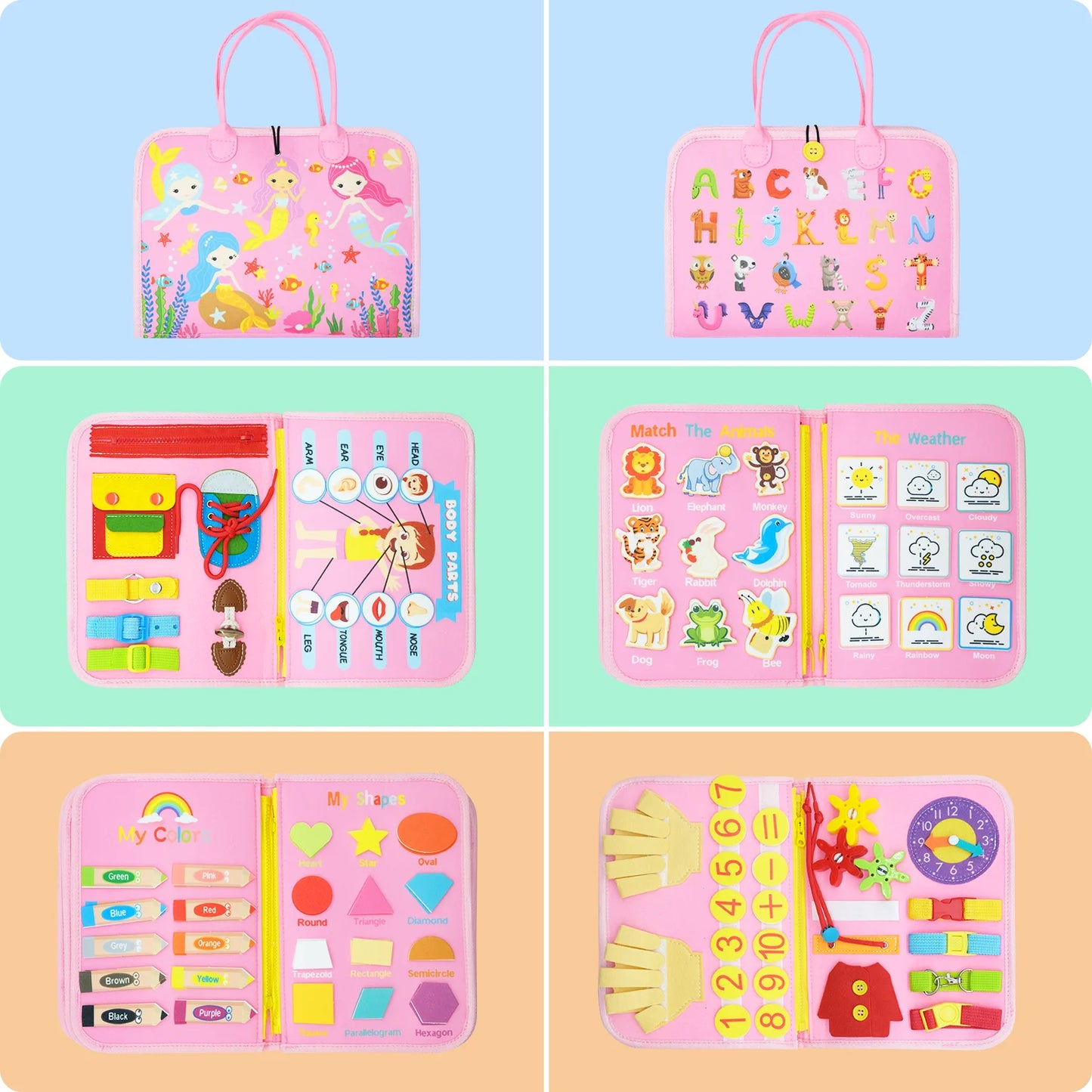 Set of educational children's books with various activities on a colorful background