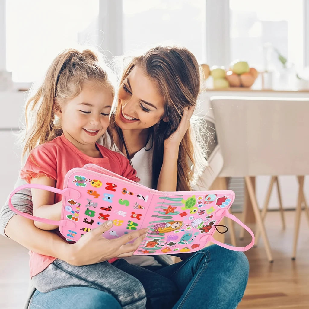 Woman and child playing with a colorful toy together, with text about creative family time and interactive play.