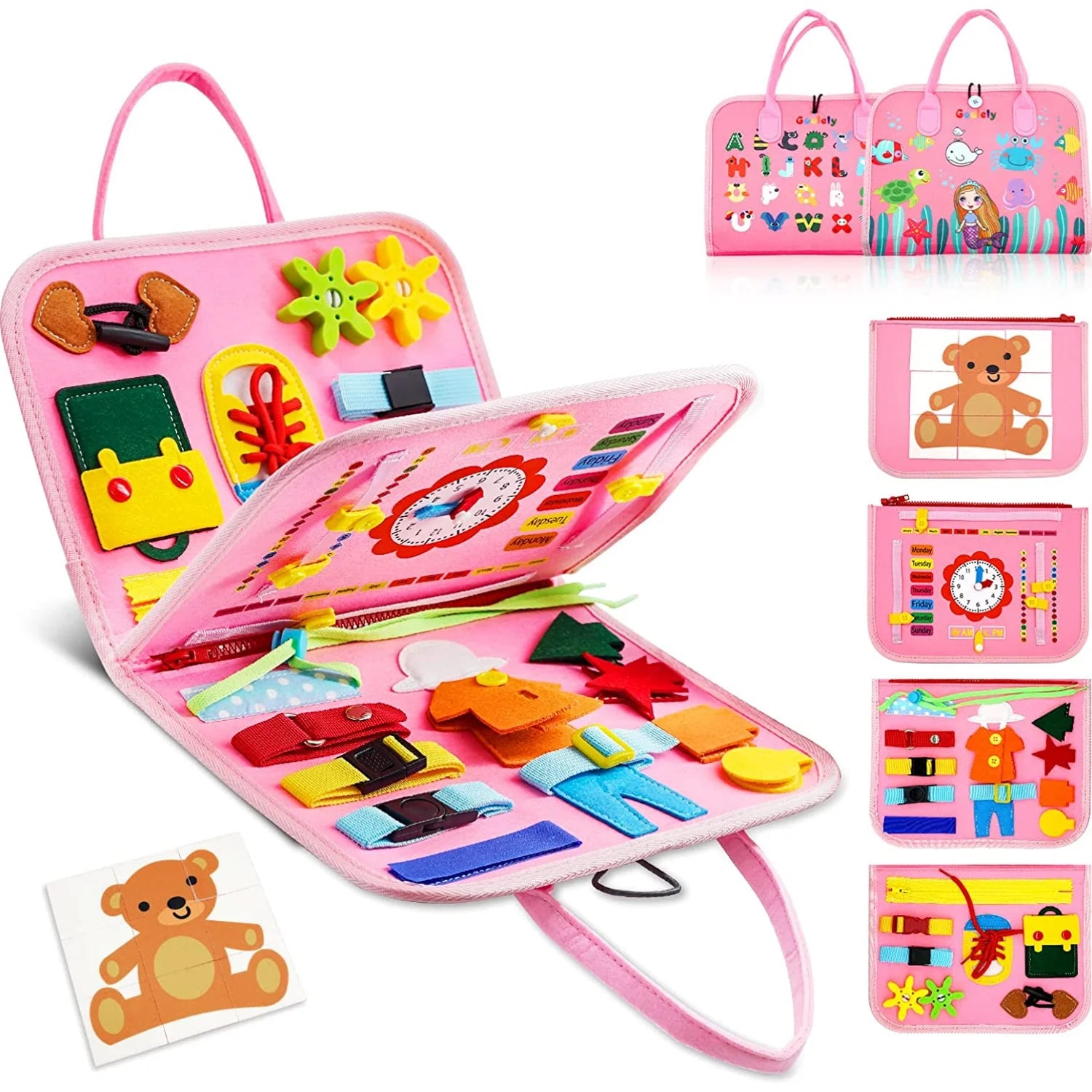 Pink educational toy with various shapes and letters, suitable for young children.