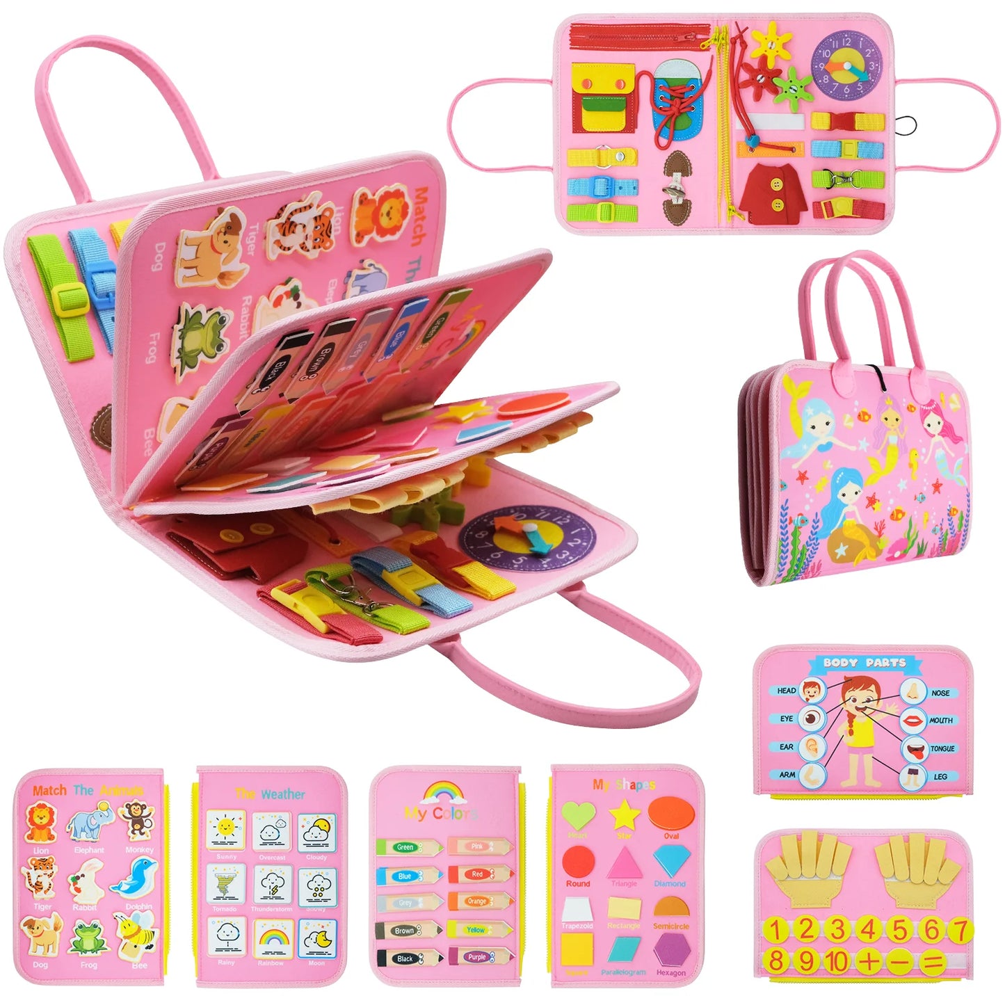 Pink children's activity book with various educational elements on a white background