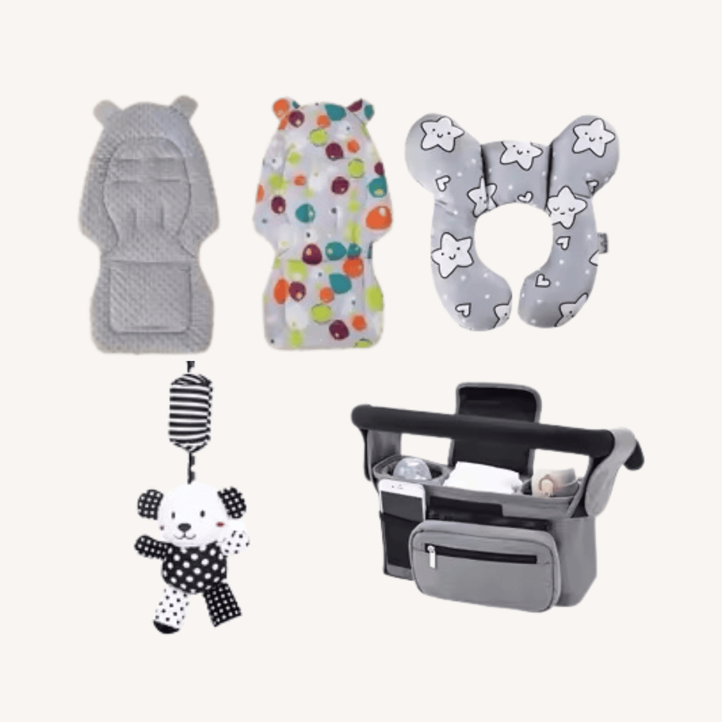 Collection of baby products including a car seat cover,安抚器, and organizer on a white background