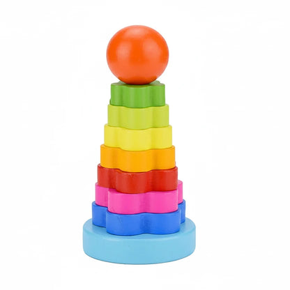 Colorful wooden stacking toy on a white background