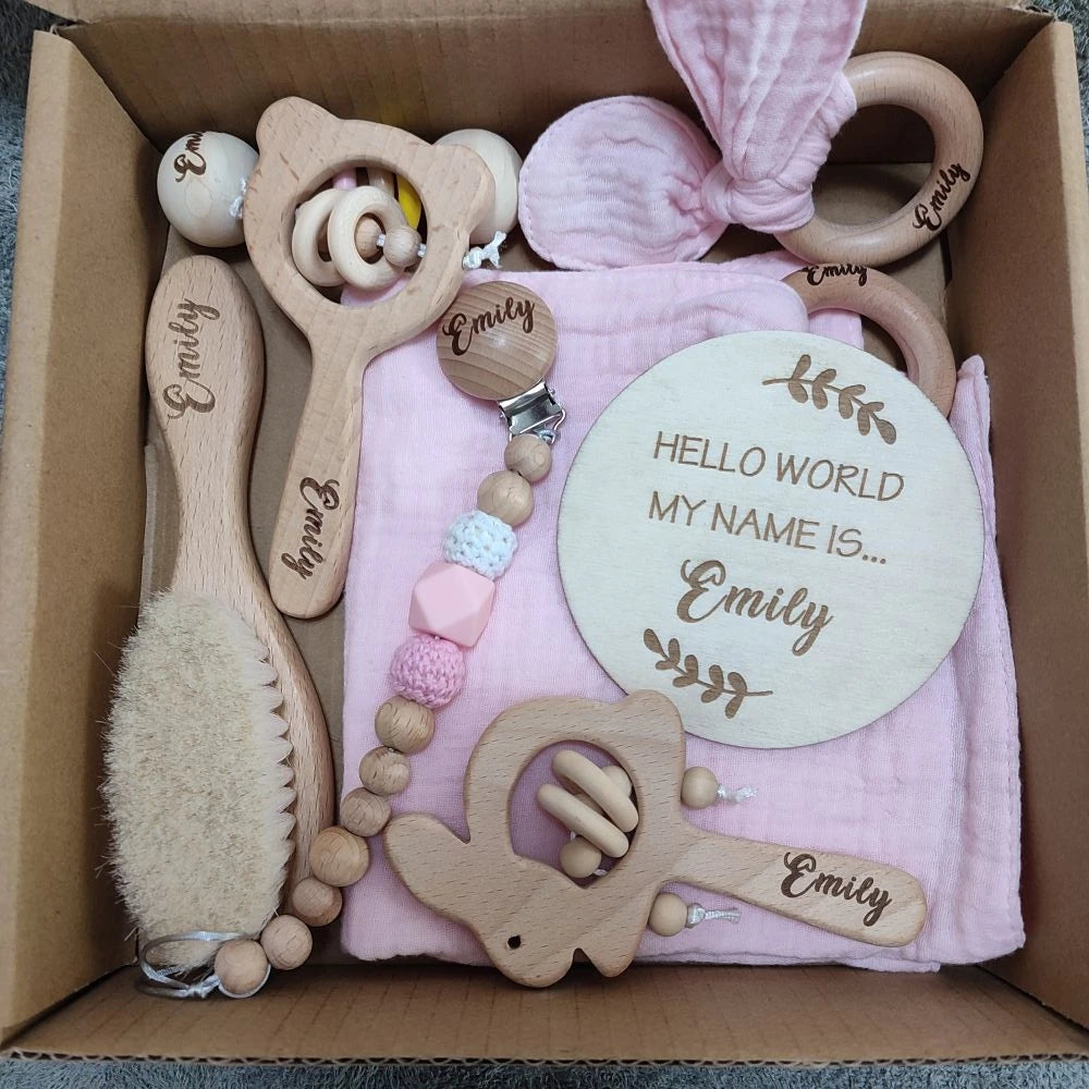 Personalized Baby Gift Box Set – 8pcs Natural Wood Teether, Rattle & Keepsake