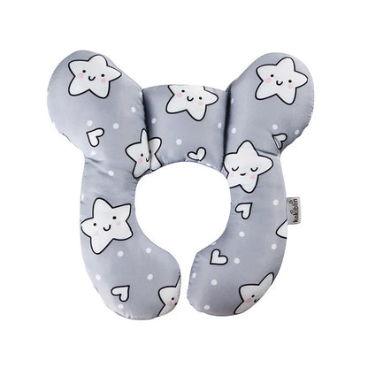 Gray U-shaped pillow with star patterns on a white background