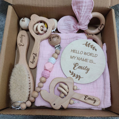 Personalized Baby Gift Box Set – 8pcs Natural Wood Teether, Rattle & Keepsake