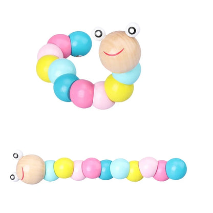 Colorful beaded toy shaped like a caterpillar with a smiley face on a white background.