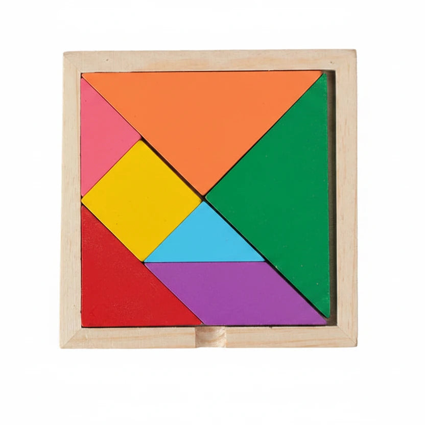 Colorful wooden tangram puzzle on a white background