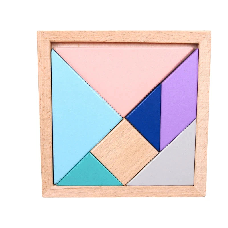 Colorful geometric puzzle in a wooden frame with dimensions indicated.