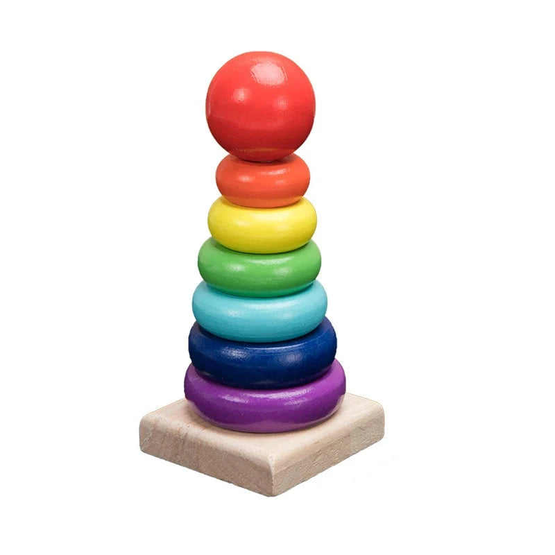 Colorful wooden stacking rings toy on a white background