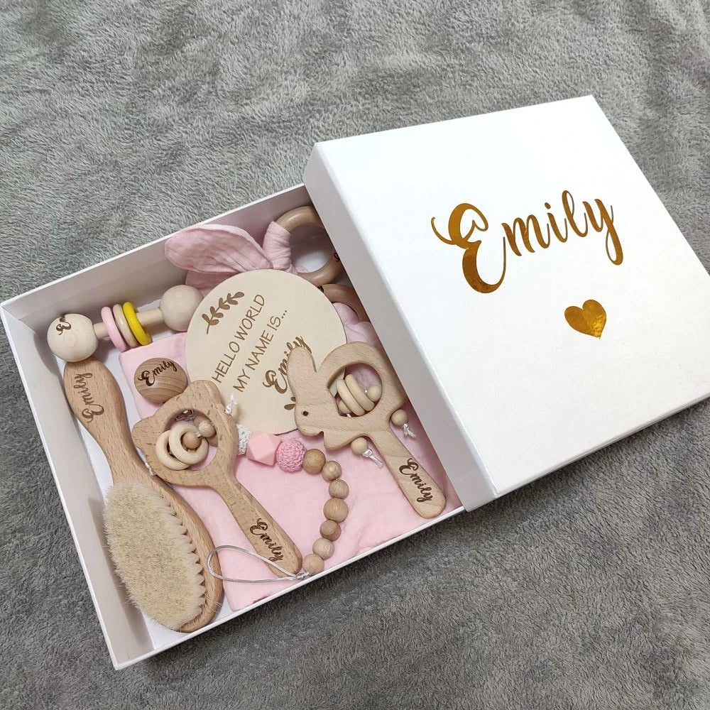 Personalized Baby Gift Box Set – 8pcs Natural Wood Teether, Rattle & Keepsake