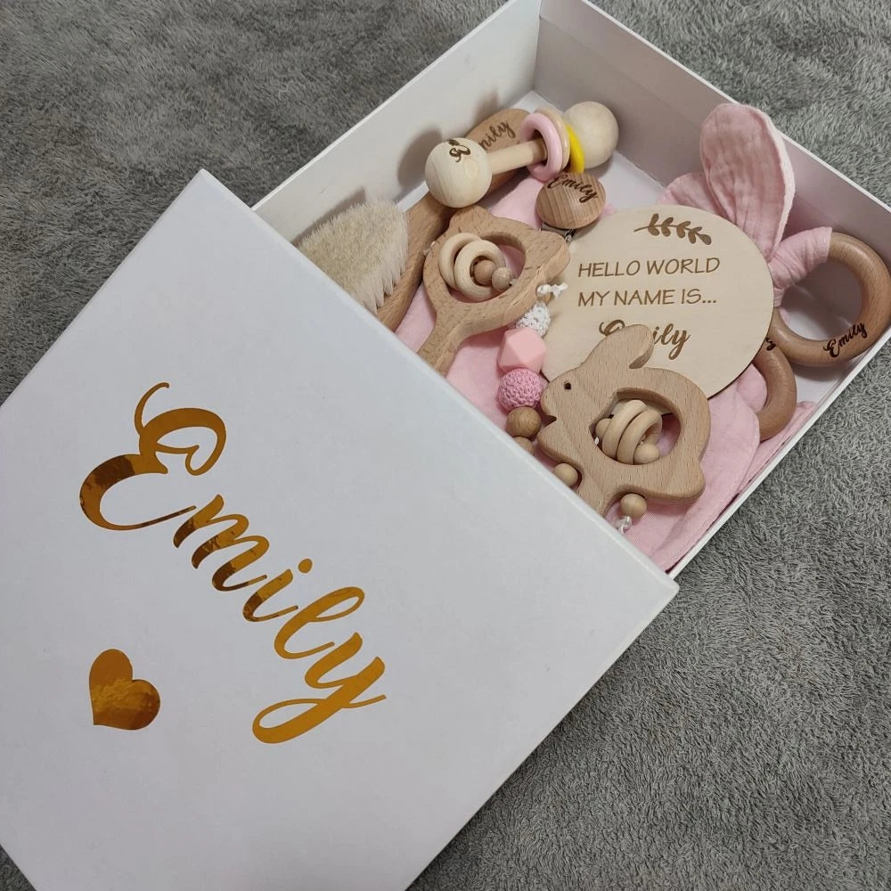 Personalized Baby Gift Box Set – 8pcs Natural Wood Teether, Rattle & Keepsake