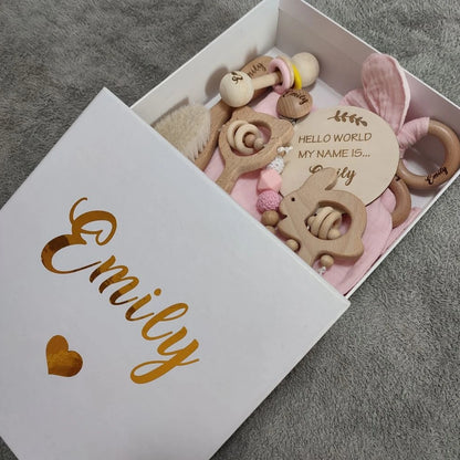 Personalized Baby Gift Box Set – 8pcs Natural Wood Teether, Rattle & Keepsake