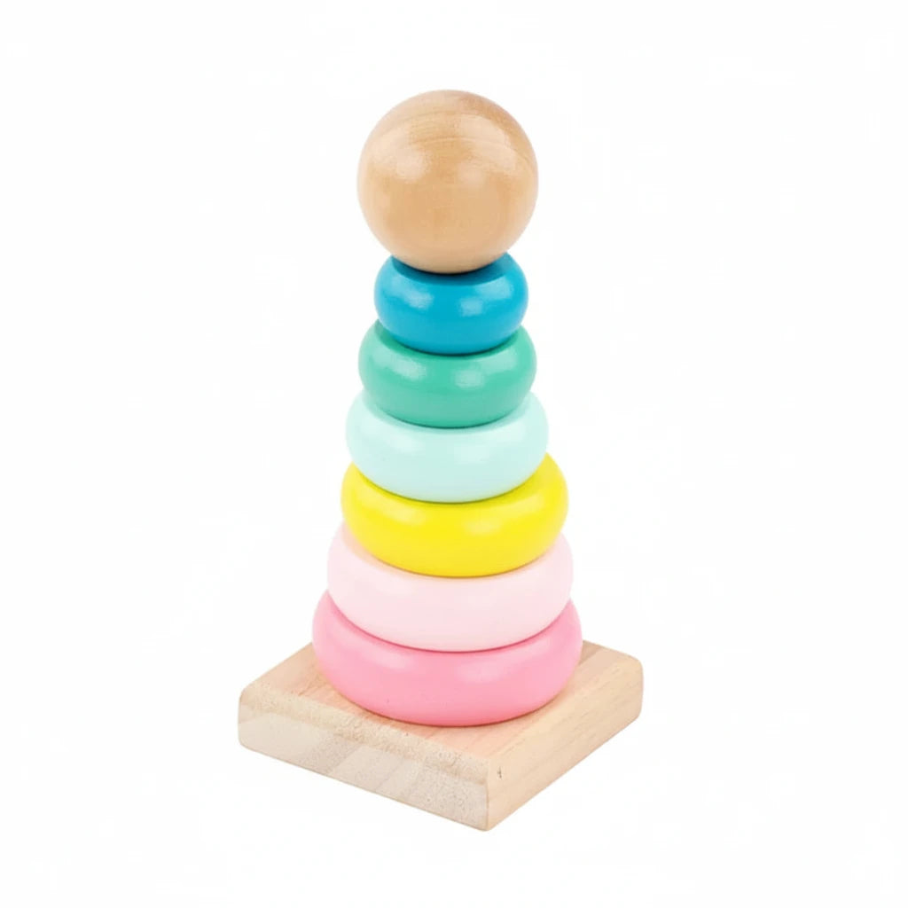 Colorful wooden stacking rings with dimensions on a white background
