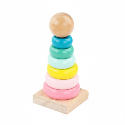 Colorful wooden stacking rings with dimensions on a white background
