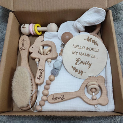 Personalized Baby Gift Box Set – 8pcs Natural Wood Teether, Rattle & Keepsake