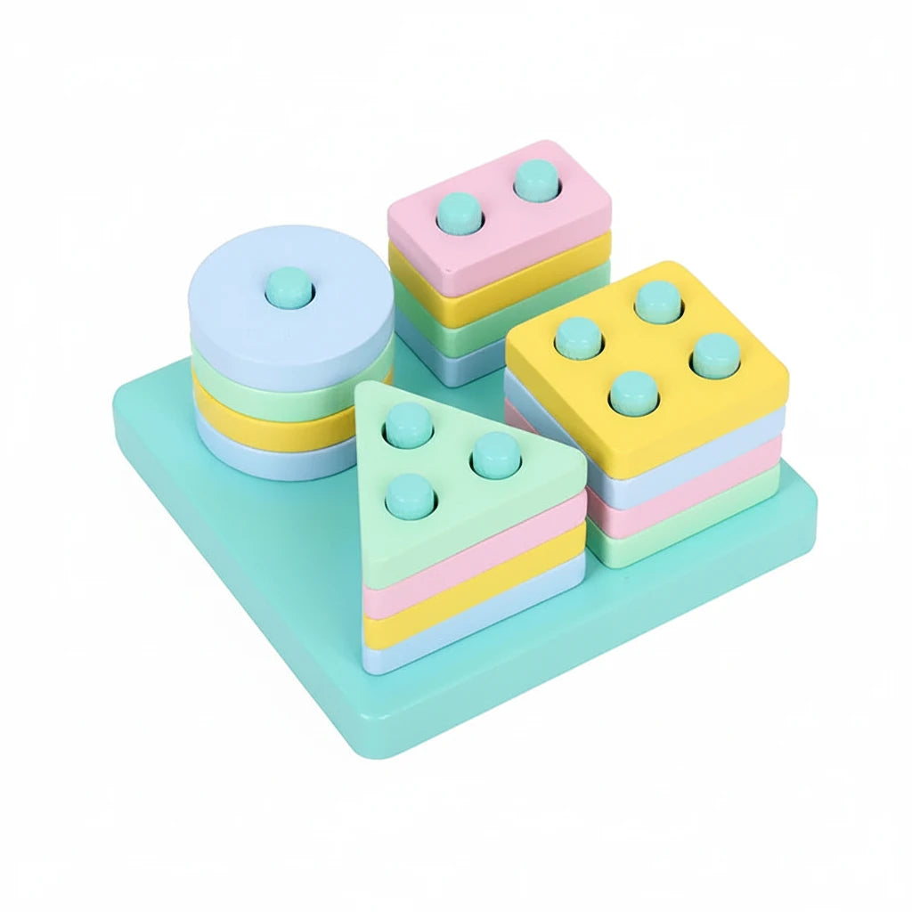 Colorful geometric wooden blocks on a white background.