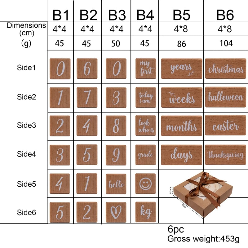 Wooden blocks with numbers and text on a chart showing dimensions and weight.