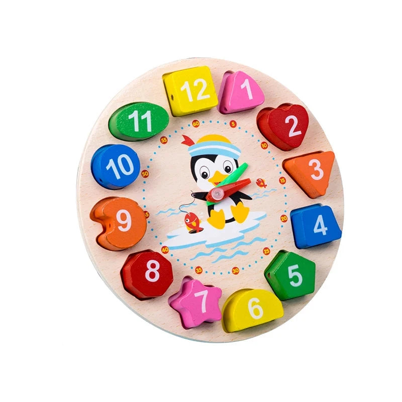 Colorful wooden clock with penguin design and numbered shapes.