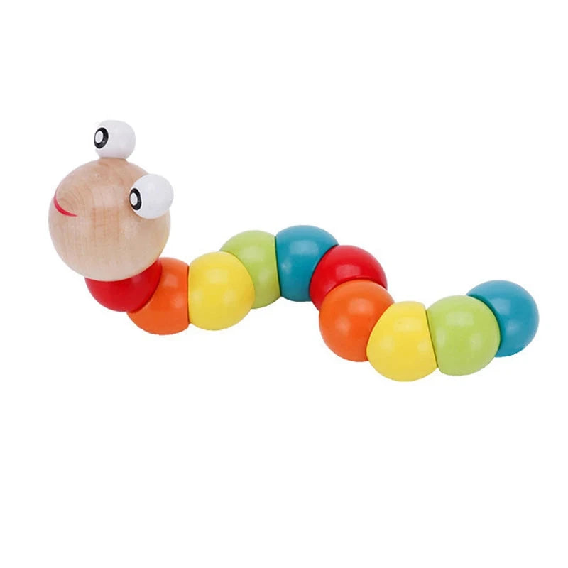 Colorful wooden toy caterpillar on a white background