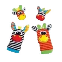 Set of colorful baby socks with animal faces on a white background