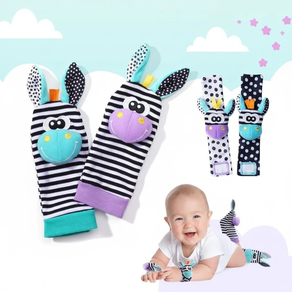 4PCS Baby Wrist Rattles Toys with baby holding one, showing dimensions.