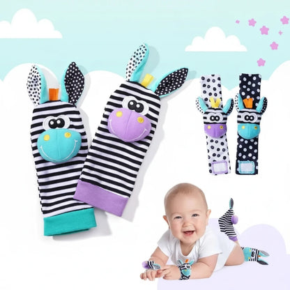 4PCS Baby Wrist Rattles Toys with baby holding one, showing dimensions.