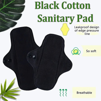 Black cotton sanitary pad with text highlighting features on a white background