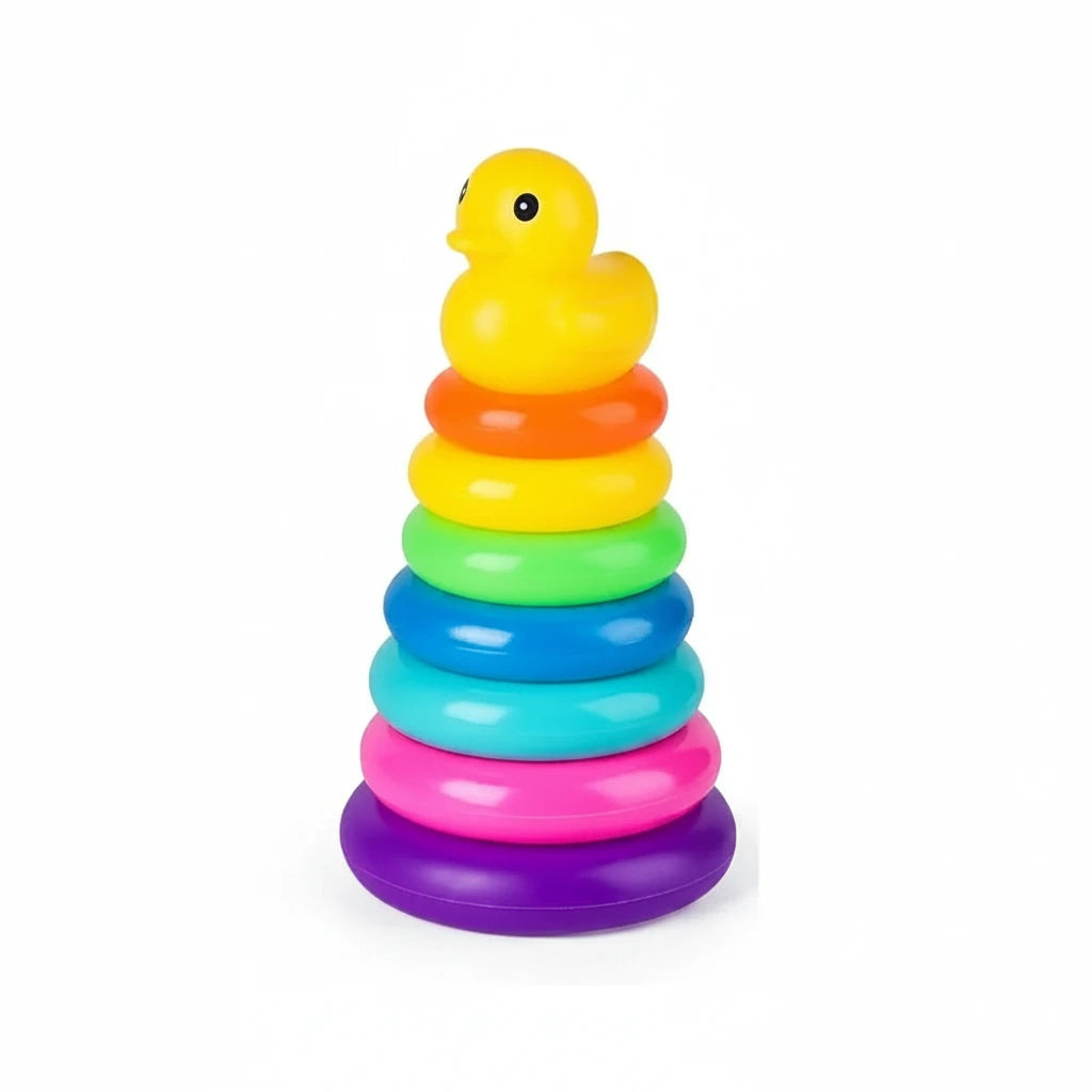 Colorful stacking rings toy with a rubber duck on top, labeled '7th Floor' and dimensions.