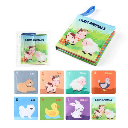 Children's book and flashcards set with farm animals on a white background
