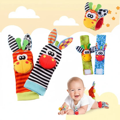 4PCS Baby Wrist Rattles Toys with a baby and measurements on a light yellow background