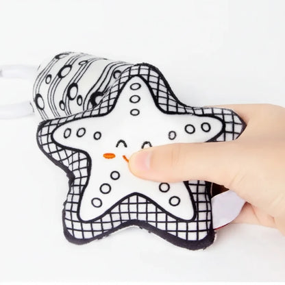 Star-shaped black and white toy with a hand pressing on it against a white background