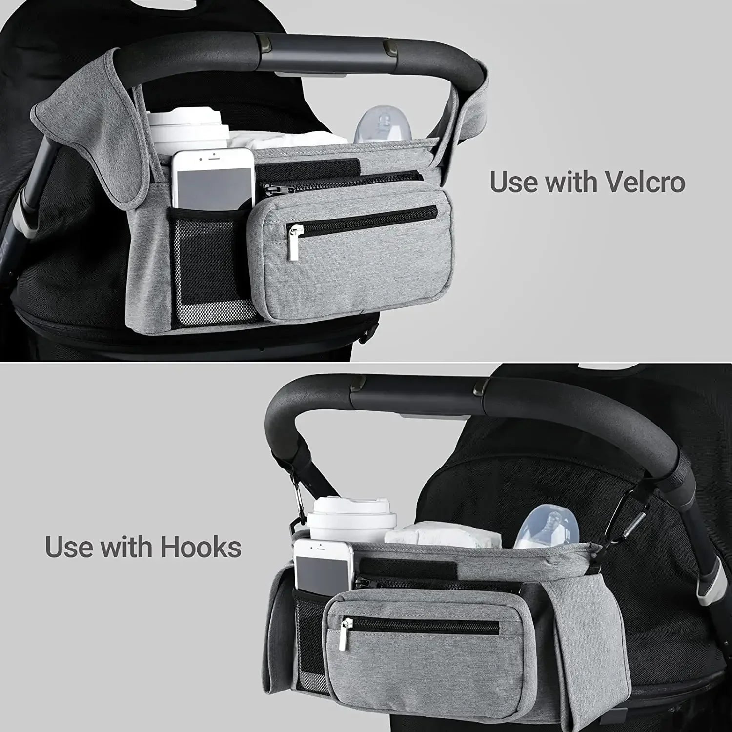 Stroller organizer with hooks and velcro attachments on a white background