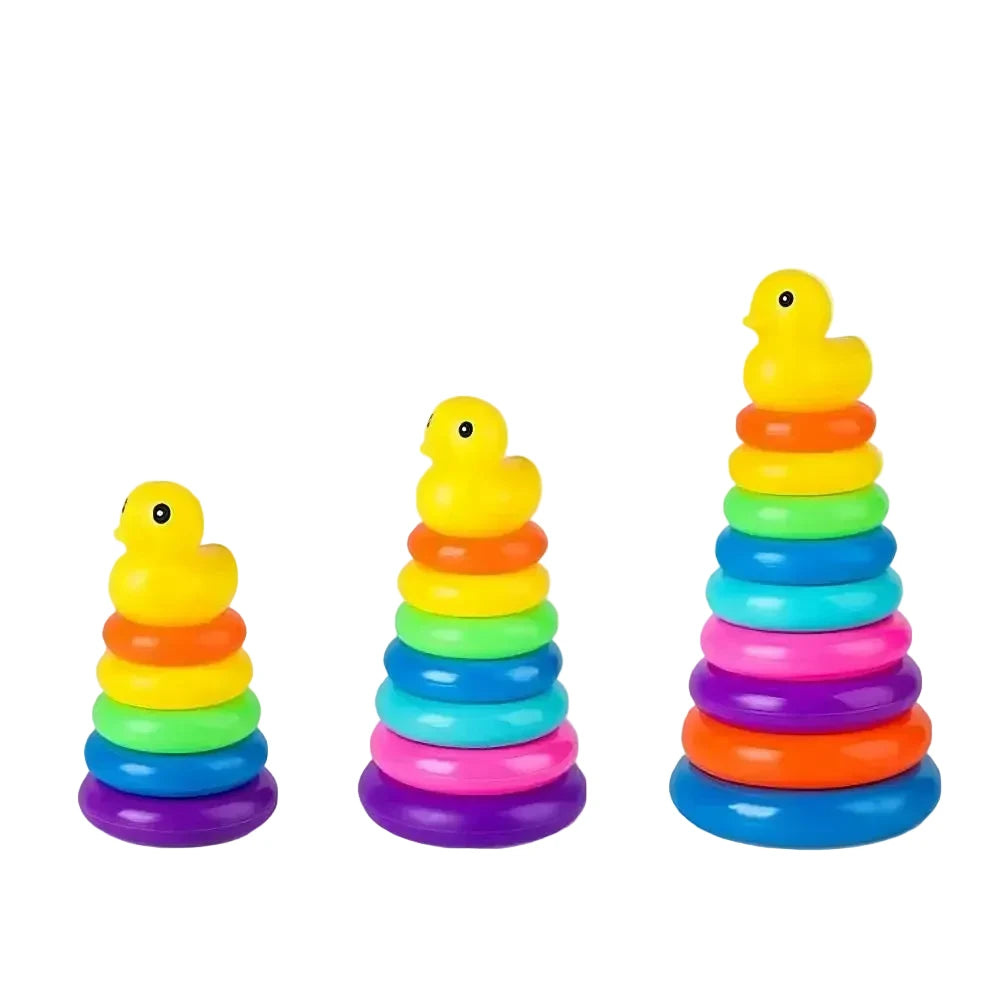 Colorful stackable rings toy with duck design, showing dimensions on a white background.