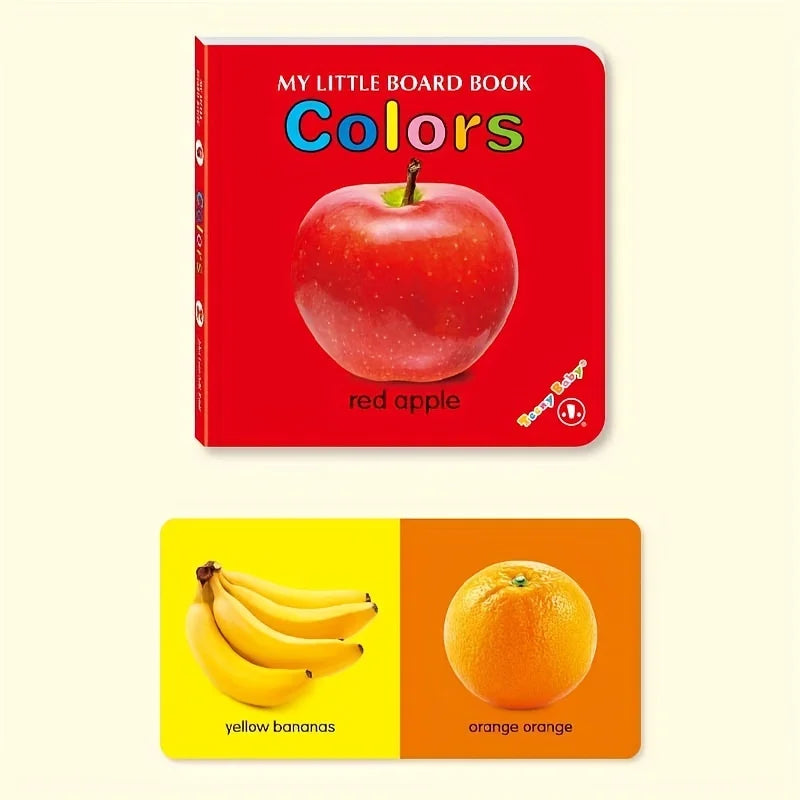 Children's book titled 'My Little Board Book Colors' with a red apple on the cover, and two cards showing yellow bananas and an orange.