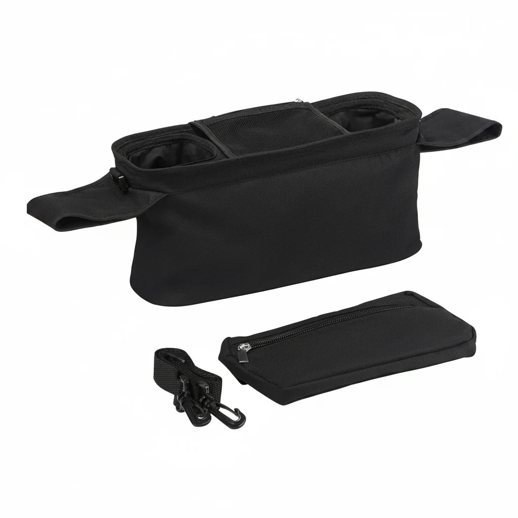 Black waist bag with measurements on a white background