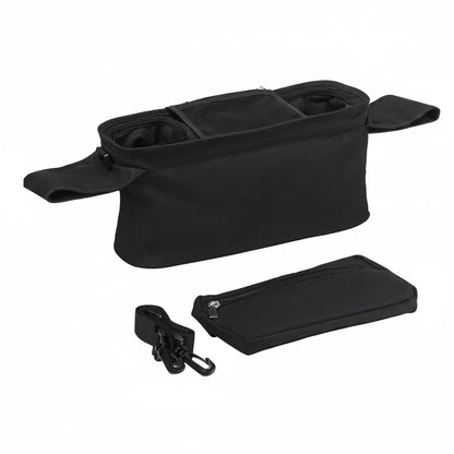 Black waist bag with measurements on a white background
