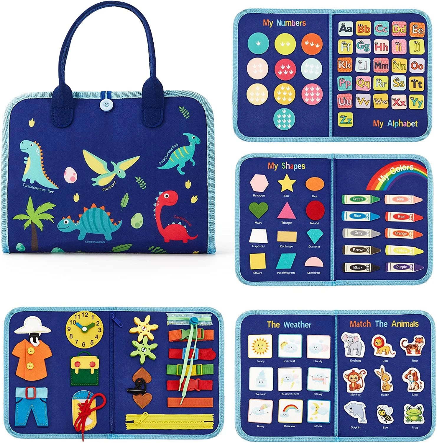Educational children's book set with dinosaur design cover and various educational pages.