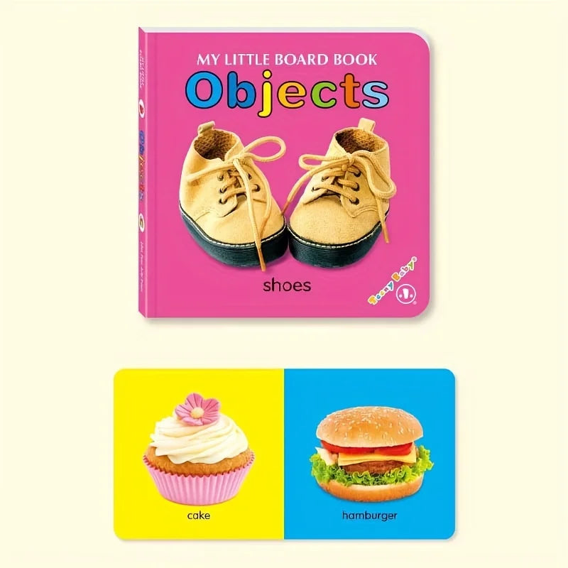 Children's book titled 'My Little Board Book Objects' with images of shoes, a cupcake, and a hamburger on a pink background.