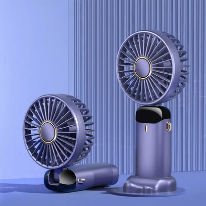 Violet rechargeable fan with digital display on a blue background