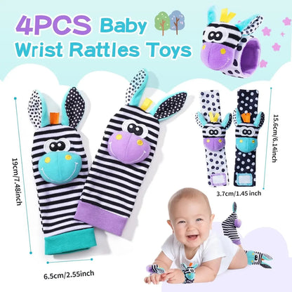 4-Piece Baby Rattle Socks & Wrist Strap Set — Animal Foot Socks & Bug Wrist Rattles for Babies 0–12 Months