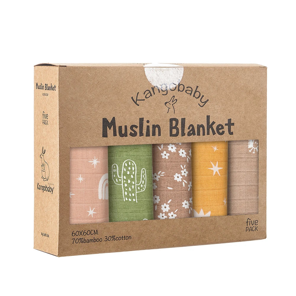Kangobaby Muslin Blanket set in a cardboard box with five different patterns.