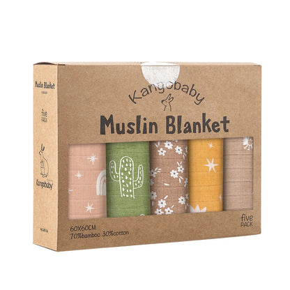 Kangobaby Muslin Blanket set in a cardboard box with five different patterns.