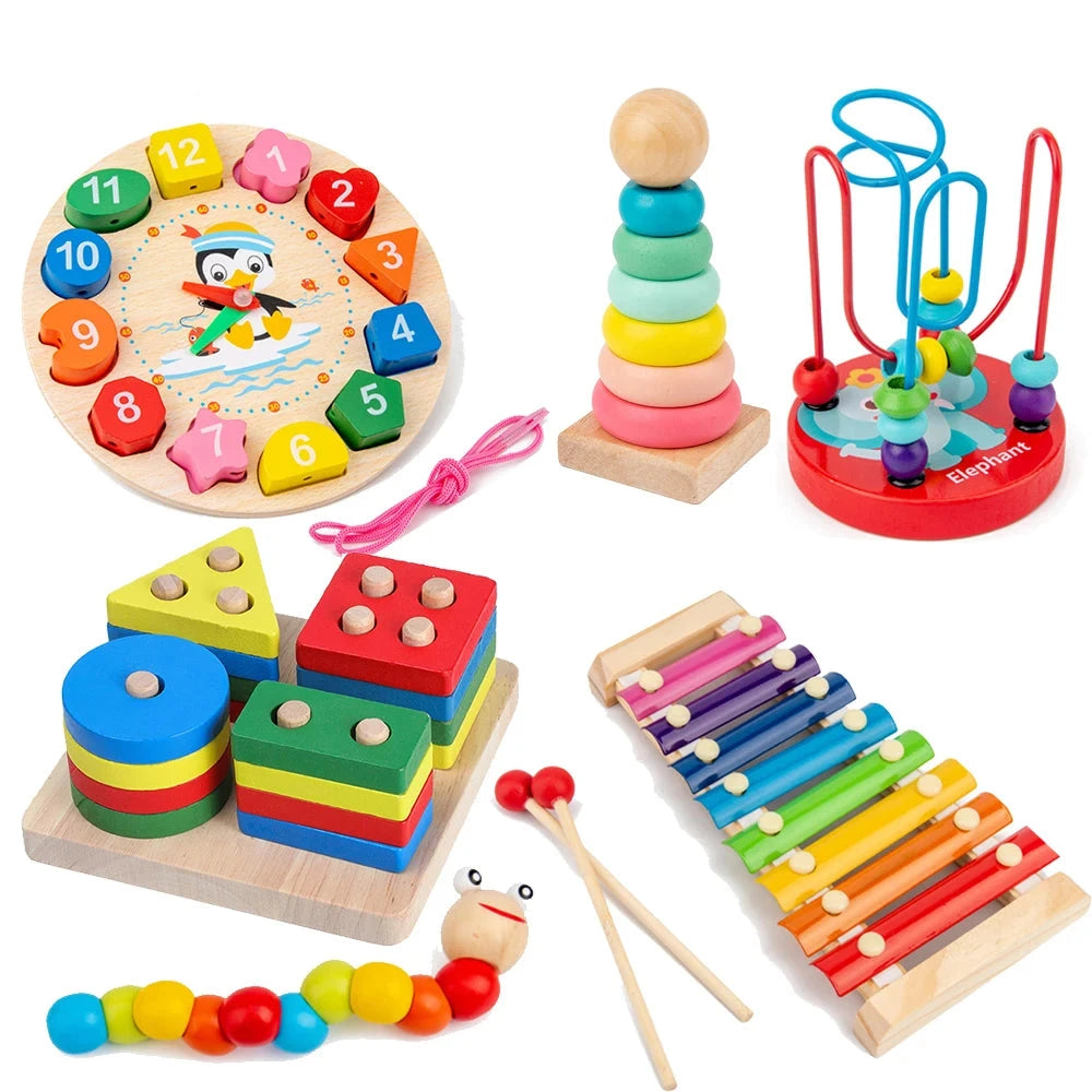 Set of colorful wooden educational toys including a clock, stacking rings, and xylophone.