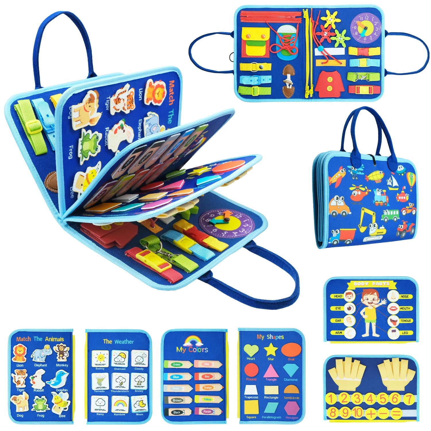 Children's educational toy book with various interactive elements and colorful design.
