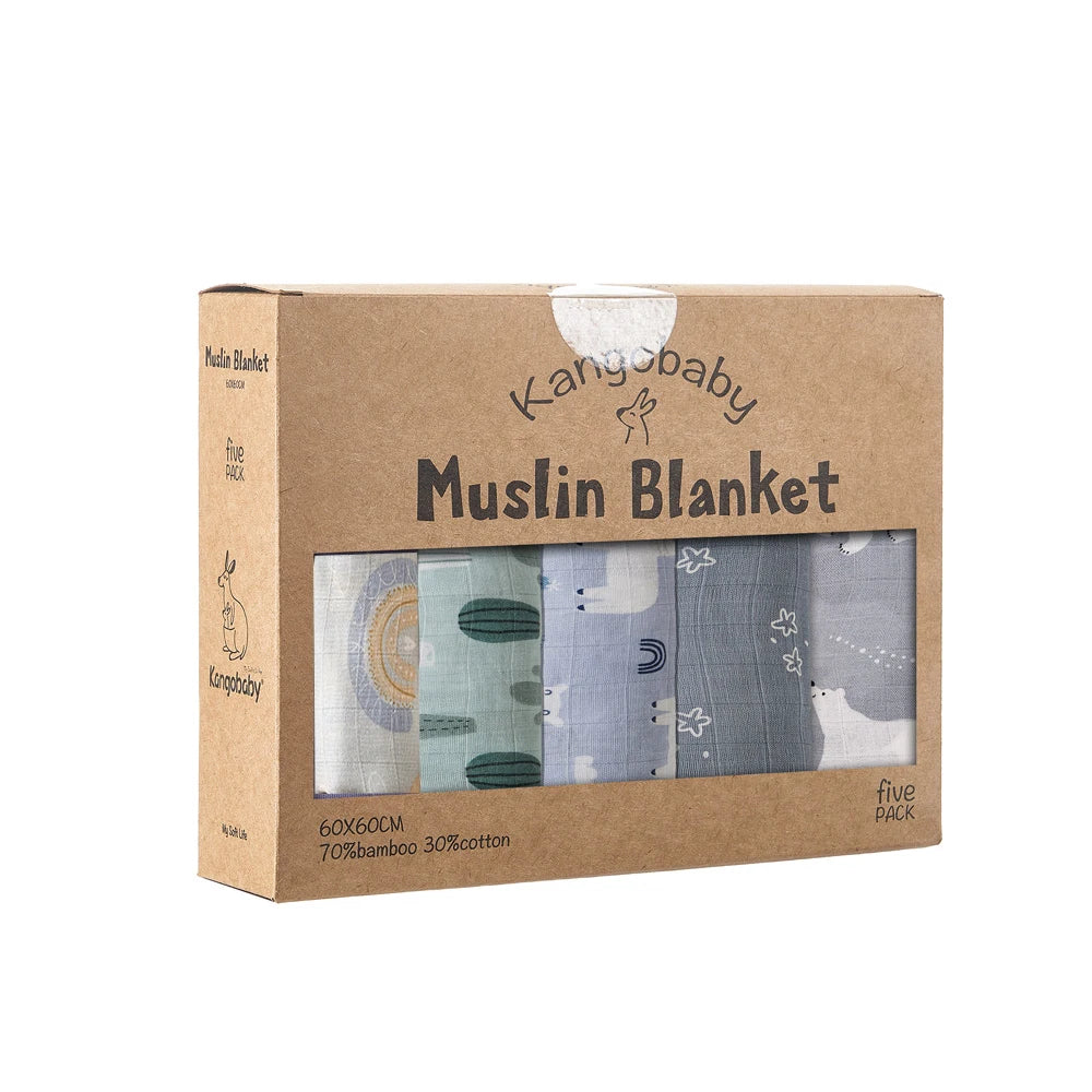 Kangobaby Muslin Blanket packaging with three blankets inside on a white background