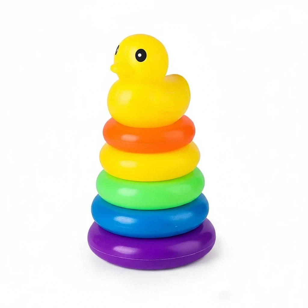 Colorful stacking toy with a duck on top, labeled '5th Floor' and dimensions.